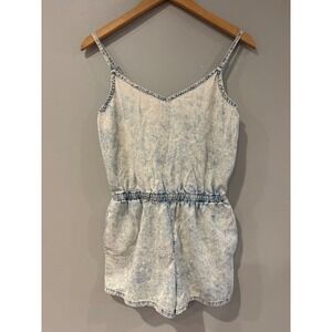 Forever 21 Acid Wash Denim Romper Jumpsuit Elastic Waist Spaghetti Straps Size M